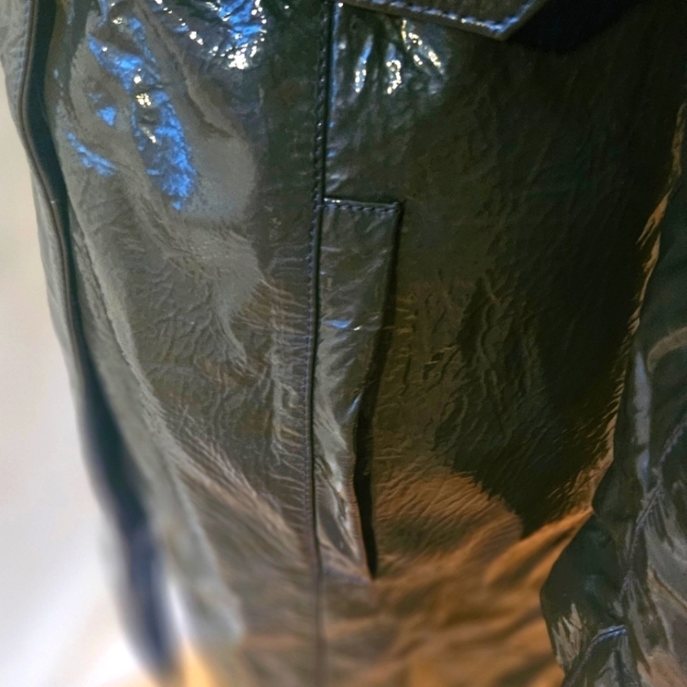 PRADA Italy Rare Women's Olive Green Genuine Patent Leather Coat w Belt Sz 38/S - Picture 2 of 16